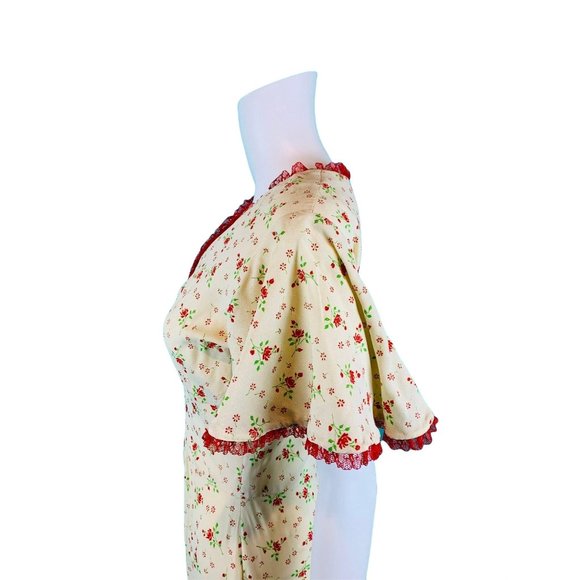Vintage 70s Maxi Dress Women's Extra Small Red Floral Print Flutter Sleeves - Picture 6 of 10